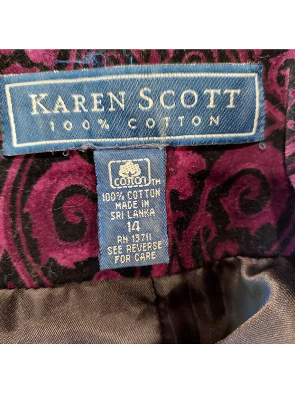 VTG Karen Scott Velvet Cotton Blazer Black Purple filigree Women 14 Career Retro